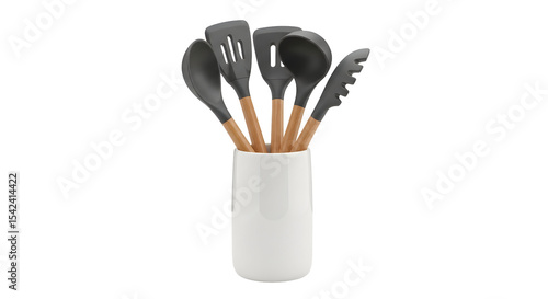 Assortment of gray silicone cooking utensils with wooden handles in a white container