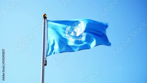 United Nations Flag Waving: UN Symbol of Global Peace, International Diplomacy & Cooperation Against Blue Sky. 4K Video Footage.