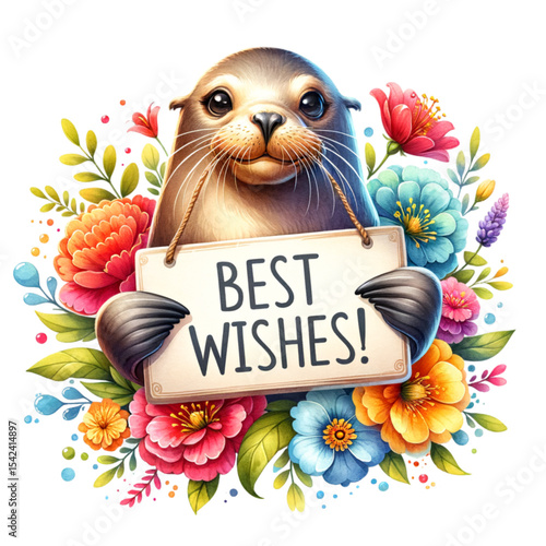 Seal Delivering Best Wishes: A charming seal, surrounded by a vibrant floral arrangement, holds a sign with heartfelt 'Best Wishes!' conveying warmth and joy. 
