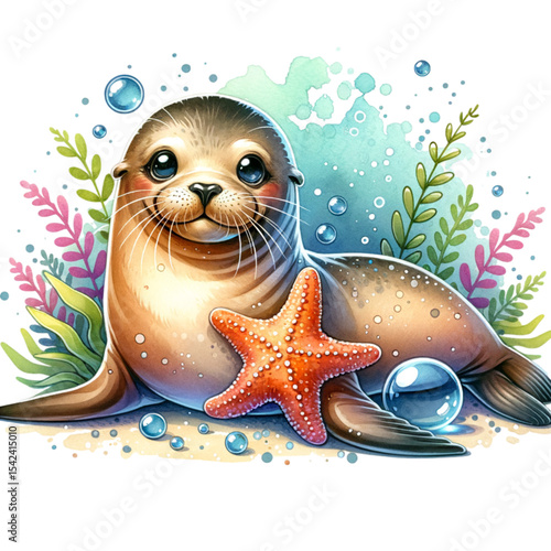 Playful Sea Lion: A charming sea lion with a joyful smile and a starfish, surrounded by bubbles and underwater elements, evoking the vibrant world of the ocean.