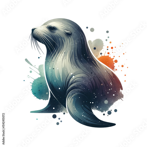 Sea Lion Artistry: A captivating illustration presents a majestic sea lion, its form defined by artistic brushstrokes, accompanied by dynamic splash of vibrant color.