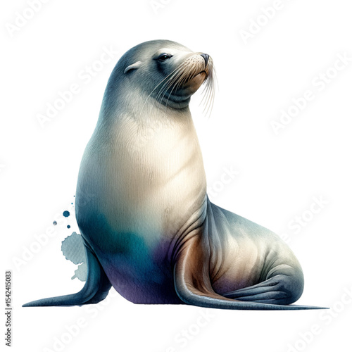 Sea Lion Pose: A majestic sea lion sits regally in a contemplative pose, its sleek fur rendered with watercolor textures, evoking the serene beauty of coastal wildlife.