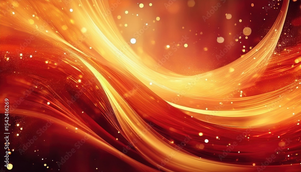 Obraz premium radiant fiery waves with glowing orange and gold light streaks and floating bokeh particles, ideal for web design, branding, digital wallpaper, or abstract print