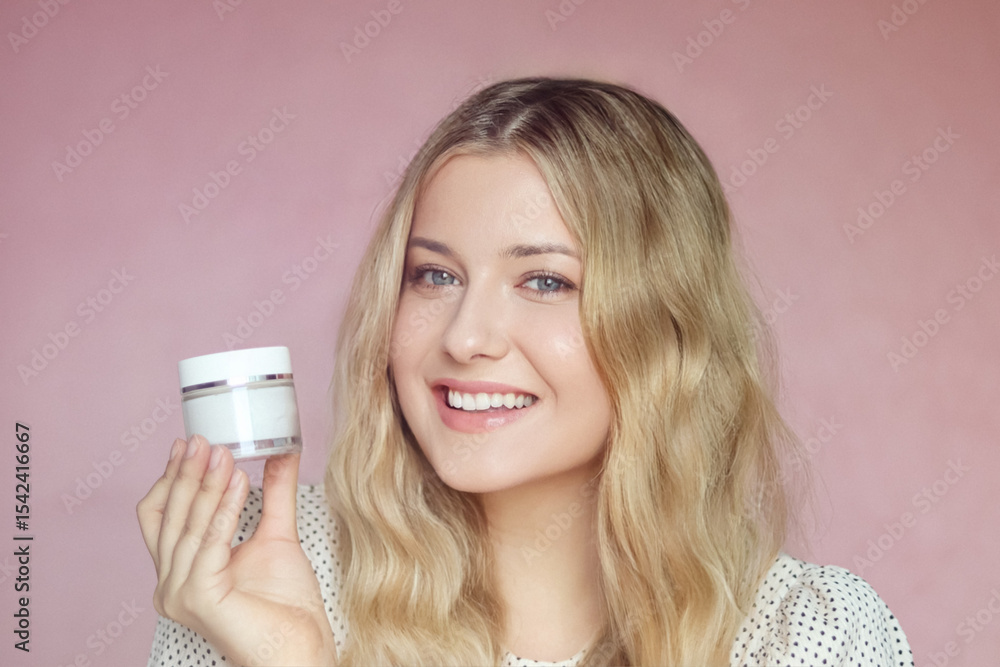 Beautiful blonde woman holding face cream jar in hand, smiling against soft pink background. Natural skincare, beauty product, cosmetic packaging concept Beautiful blonde woman holding face cream jar in hand, smiling against soft pink background. Natural skincare, beauty product, cosmetic packaging concept