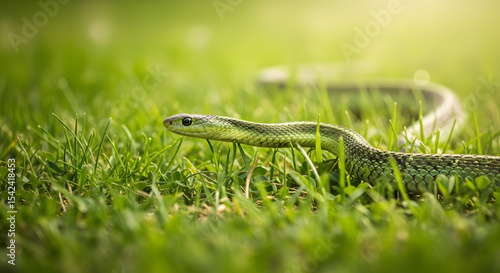 Snake slithering through grass with bokeh background, shallow depth of field, natural light