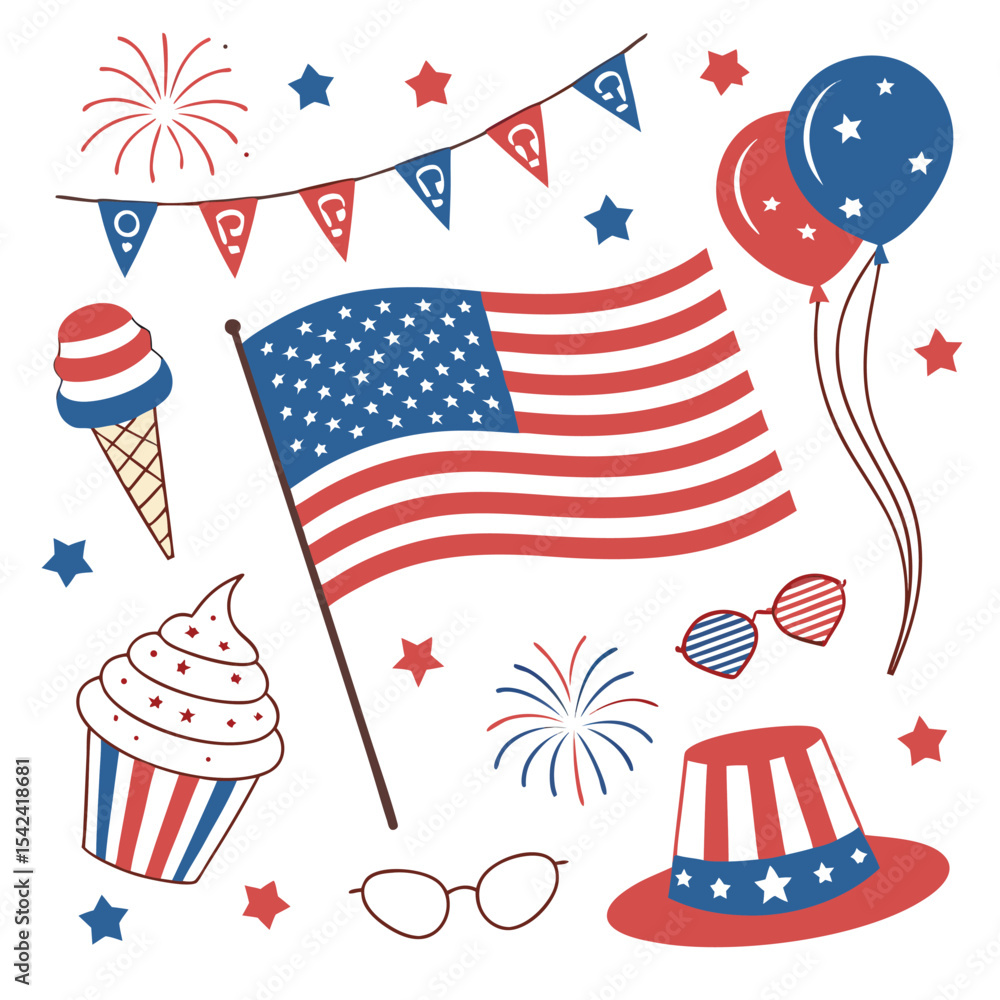 Obraz premium Fourth of July celebration vector illustration with patriotic American flag symbols