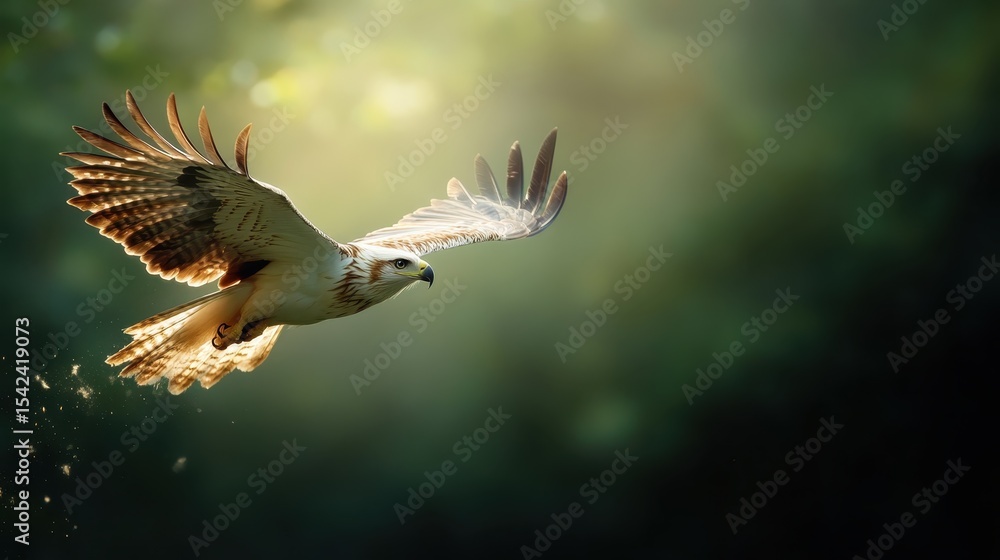 Obraz premium A stunning hawk soars majestically through the air, wings outstretched, embodying freedom and strength amidst a softly blurred natural landscape, capturing the essence of wild beauty.
