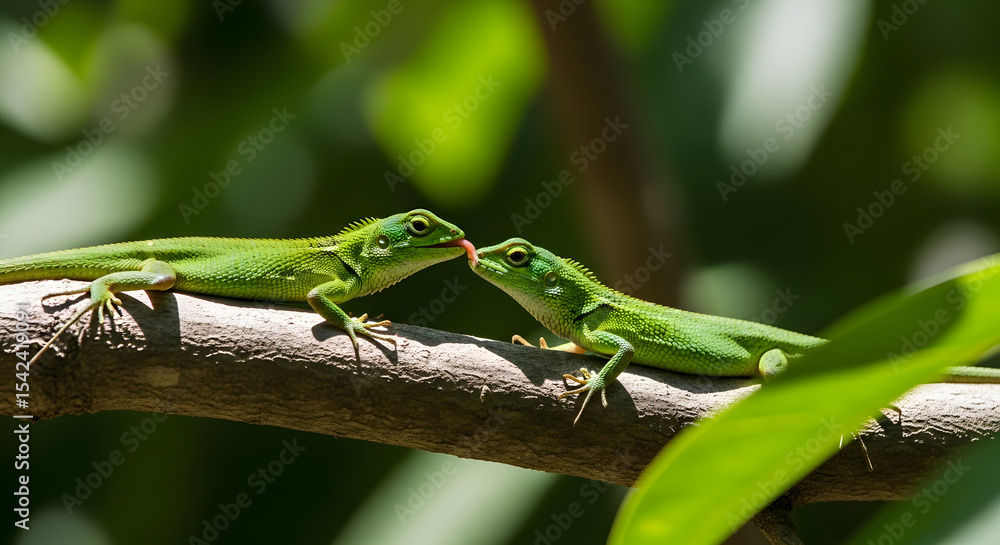 Fototapeta premium Two small reptiles on a branch interacting, playful wildlife behavior, outdoor setting
