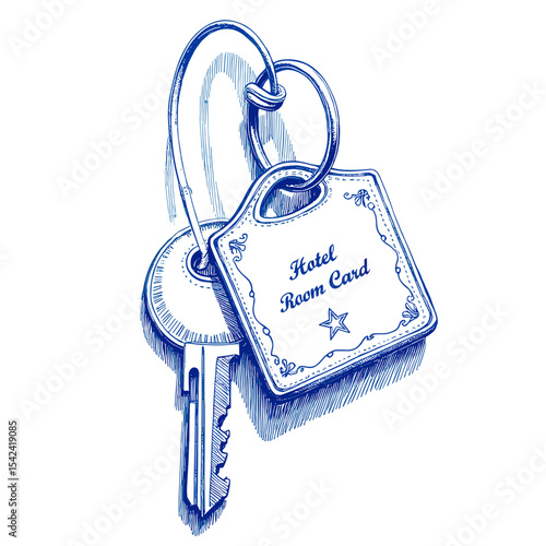 Hotel room key card with key in blue ink sketch style on white background  