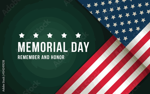 memorial day tribute banner with american flag on dark green background and “remember and honor” text for patriotic commemorations