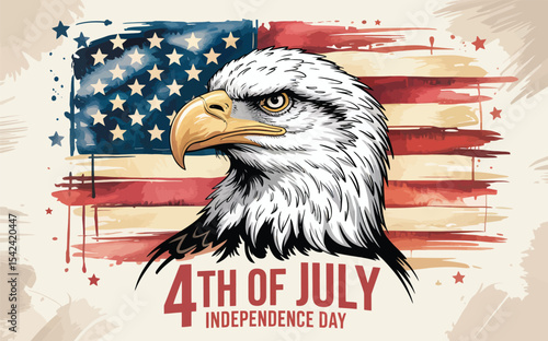 patriotic 4th of july illustration featuring bald eagle and american flag in watercolor style, celebrating u.s. independence day