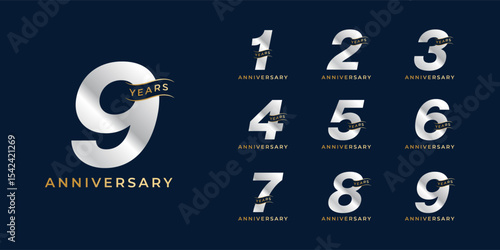 Set of modern vector logo designs for 1 years to 9 years anniversary with waves, in gold color for celebrations, weddings and birthdays