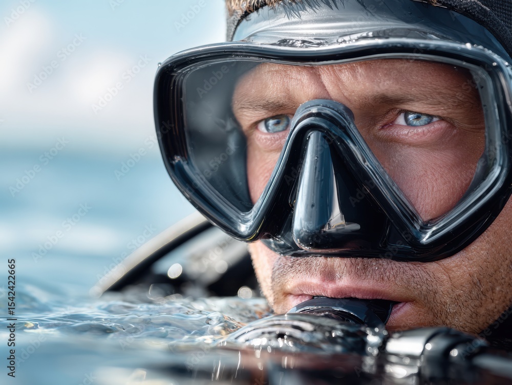 Close-up of a diver's face with mask, diver in a mask, ready to explore the deep. Close-up of a diver's face with mask, diver in a mask, ready to explore the deep.
