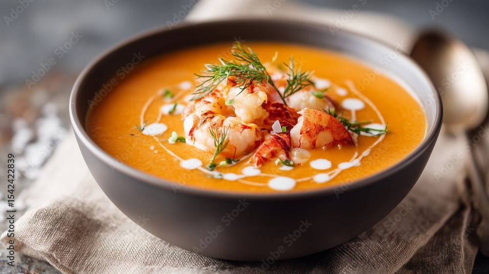 Luxurious Seafood Bisque with Lobster, Shrimp, and Cream Garnish in Matte Ceramic Bowl Luxurious Seafood Bisque with Lobster, Shrimp, and Cream Garnish in Matte Ceramic Bowl