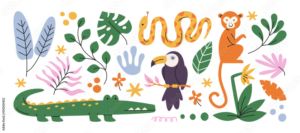 Φωτογραφία Stickers exotic tropical leaves and wild animals: tigers, leopards, birds, jungle plants, palm trees, monstera leaves and flowers