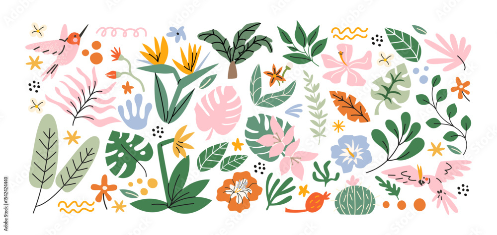 Φωτογραφία Stickers exotic tropical leaves, wild animals, birds, jungle plants, palm trees, monstera leaves and flowers
