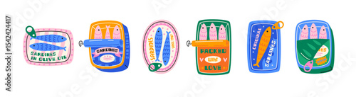 Set sardines and seafood in cans canned. Cartoon stickers of fish products packaging in bright doodle style. Tuna, salmon, shrimp, octopus. Vector shapes stickers