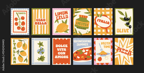 Abstract Italian summer posters in 90s style. Bright compositions: pizza, lemons, cocktails, seafood in cartoon trendy retro style. Decor for kitchens, cafes and restaurants. Minimalist wall banners