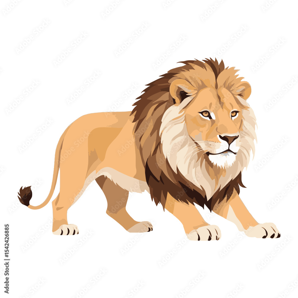 Obraz premium Realistic and Stylized Digital Artwork of a Majestic Lion Standing Proudly in Full Profile with Vibrant Colors on white background