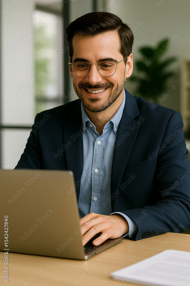 Confident businessman working on laptop in modern office environment Confident businessman working on laptop in modern office environment