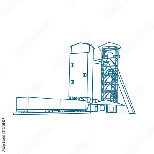 Industrial Loading Facility with a Large Tower for Material Handling - Outline Vector Illustration