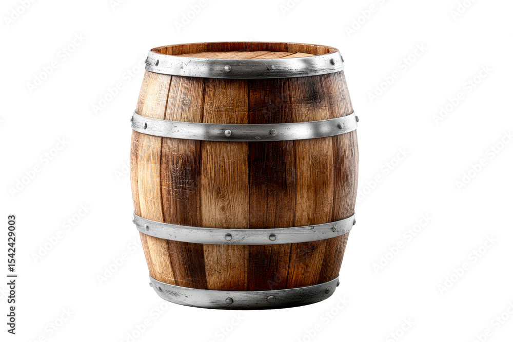 Wooden barrel with metal bands on a transparent background Wooden barrel with metal bands on a transparent background