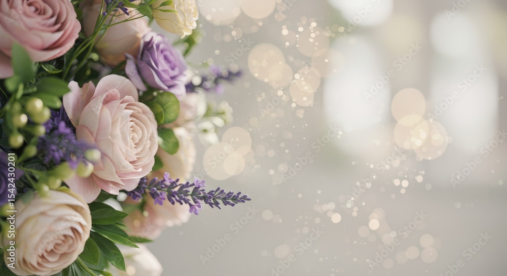 Close-up of a bouquet of pastel roses and lavender. Soft lighting and bokeh background Close-up of a bouquet of pastel roses and lavender. Soft lighting and bokeh background