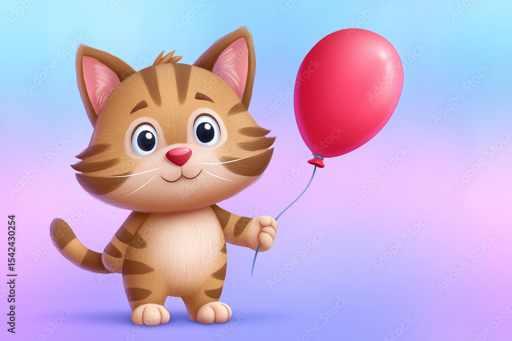 Fototapeta premium Tabby Cat Joyfully Holds a Tiny Red Balloon in a Colorful Background With Playful Charm
