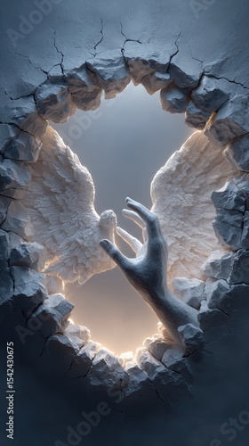 Broken weapon parts in soft light, A hand reaching through a cracked wall towards angelic wings. Peace over destruction concept illustrated with contrasting visuals
