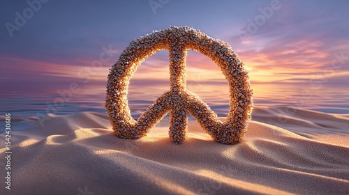 Broken weapon parts in soft light, A peaceful symbol stands on sandy shores at sunset. Peace over destruction concept illustrated with contrasting visuals