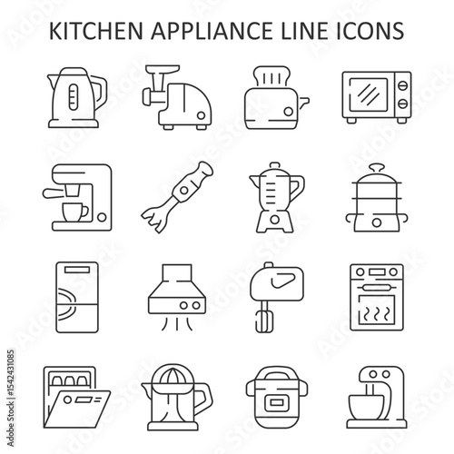 Kitchen appliance line icon set. Vector collection with kettle, meat grinder, toaster, microwave oven, coffee machine, blender,  steamer, mixer, fridge, juicer, dishwasher.