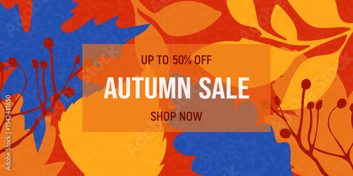 Autumn sale banner with colorful fall leaves design. Seasonal discount promotion.