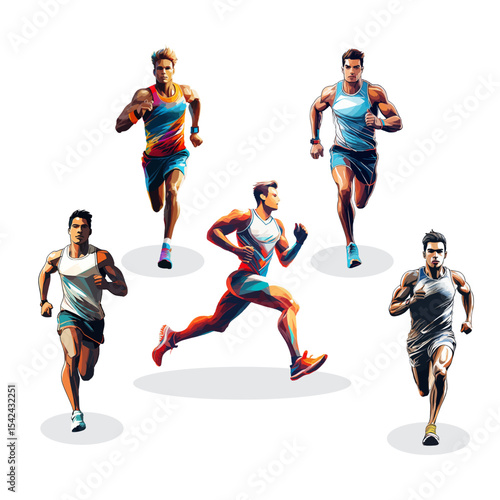 Set of Marathon Runners in Different Athletic Poses, Displaying Strength, Speed, and Energy in a Powerful Sports Event