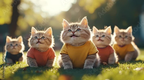 group of fluffy cute fat cats in clothes gathered and meowing in the park