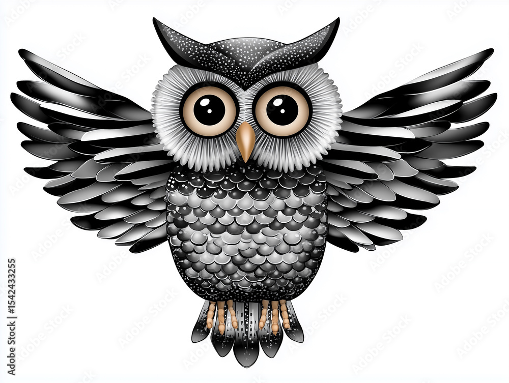 Obraz premium Owl With Wide Symmetrical Eyes and Intricate Stripes Perched With Wings Outstretched