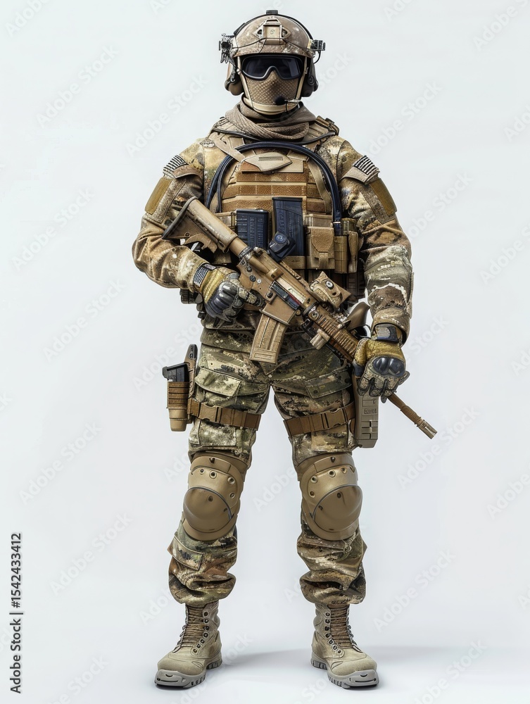 infantry soldier mockup in full tactical gear, MTP or Multicam uniform, modern weapon system, white or neutral background for catalog, photorealistic detail infantry soldier mockup in full tactical gear, MTP or Multicam uniform, modern weapon system, white or neutral background for catalog, photorealistic detail
