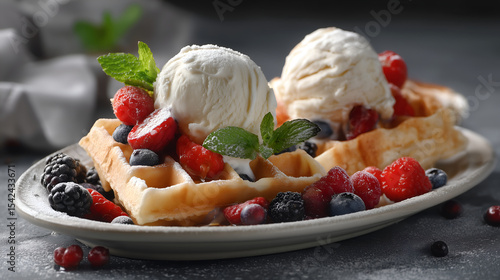 Traditional Belgian waffles with ice cream and berry fruits, homemade healthy breakfast
