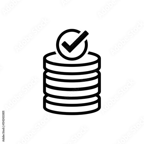 Blockchain technology icon with checkmark on stacked coins