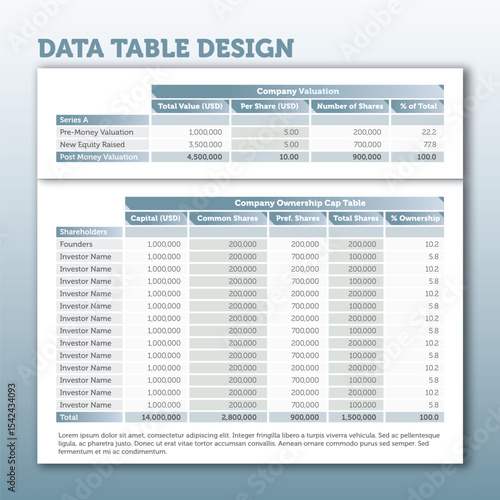 Data Table Design Template with Placeholder Text, Columns, and Rows for Business or Financial Presentations, Customizable Design for Reports and Charts