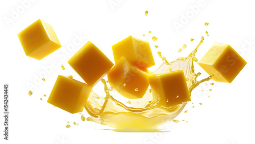 Yellow cubes splashing in juice isolated on transparent background isolated on white background