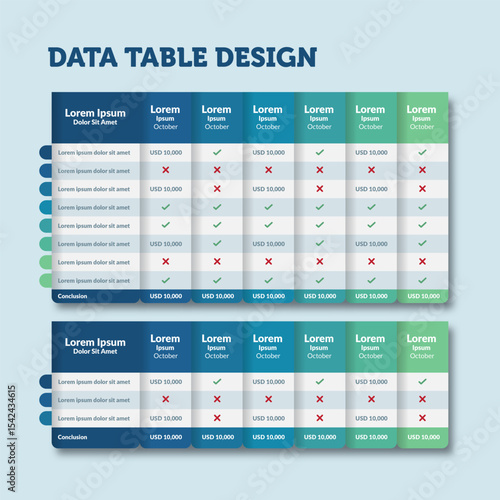 Data Table Design Template with Placeholder Text, Columns, and Rows for Business or Financial Presentations, Customizable Design for Reports and Charts