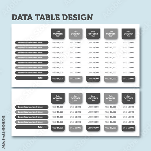 Data Table Design Template with Placeholder Text, Columns, and Rows for Business or Financial Presentations, Customizable Design for Reports and Charts