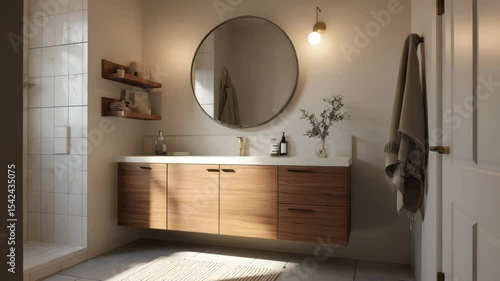 Modern Minimalist Bathroom Interior with Round Mirror and Warm Wooden Cabinet Design