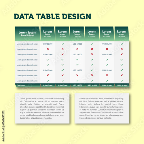 Data Table Design Template with Placeholder Text, Columns, and Rows for Business or Financial Presentations, Customizable Design for Reports and Charts