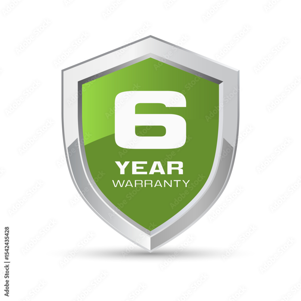 6 year warranty silver metal shield in green color. Six year warranty shield vector illustration. Metallic security badge. 6 year warranty silver metal shield in green color. Six year warranty shield vector illustration. Metallic security badge.