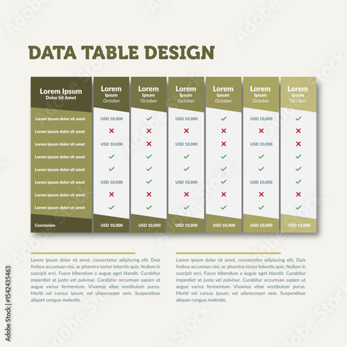 Data Table Design Template with Placeholder Text, Columns, and Rows for Business or Financial Presentations, Customizable Design for Reports and Charts