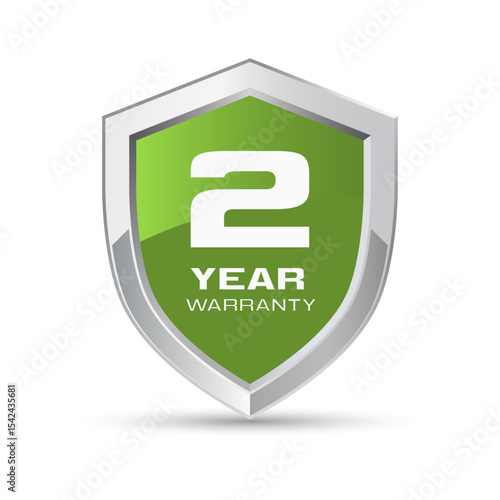 2 year warranty silver metal shield in green color. Two year warranty shield vector illustration. Metallic security badge.