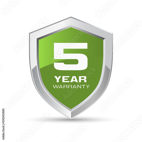5 year warranty silver metal shield in green color. Five year warranty shield vector illustration. Metallic security badge.