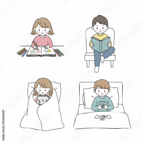 Cute Line Art Child Activity Illustration Set for Various Daily Routines