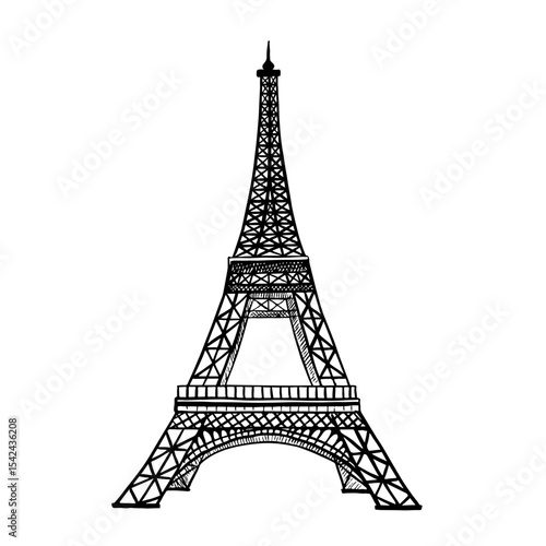Eiffel tower. Vector graphics, black and white hand-drawn illustration. Isolate on a white background. Sights of France. For flyers, banners and postcards, invitations, posters and stickers and prints